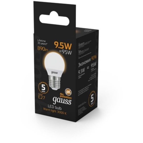 105102110 Лампа Gauss LED Шар E27 9.5W 890lm 3000K 1/10/50 105102110 Лампа Gauss LED Шар E27 9.5W 890lm 3000K 1/10/50
