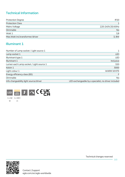 Черный настенный светильник EGLO OLIVANDINO 901818, встроенный LED 3,8Вт, 3000К, CRI 80, 320Лм, подключение 220В, стальная арматура, пластиковый плафон, диаметр 110 мм, вынос 430 мм