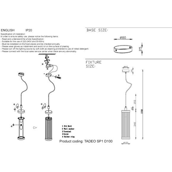 Светильник подвесной Crystal Lux TADEO SP1 D100 CHROME/TRANSPARENTE