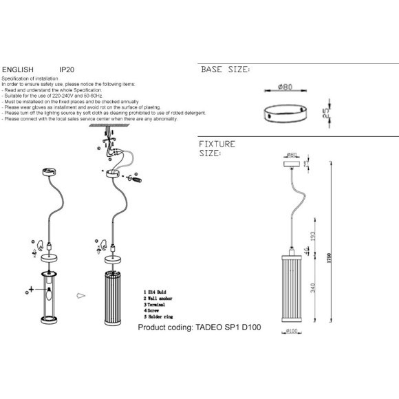 Светильник подвесной Crystal Lux TADEO SP1 D100 CHROME/TRANSPARENTE