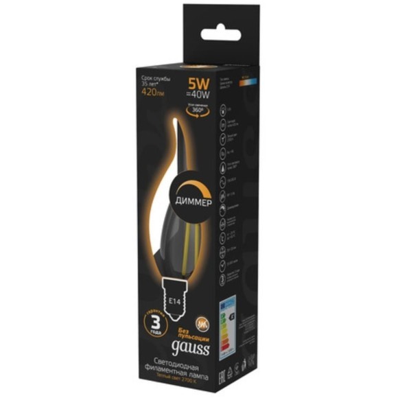 104801105-D Лампа Gauss Filament Свеча на ветру 5W 420lm 2700К Е14 диммируемая LED 1/10/50
