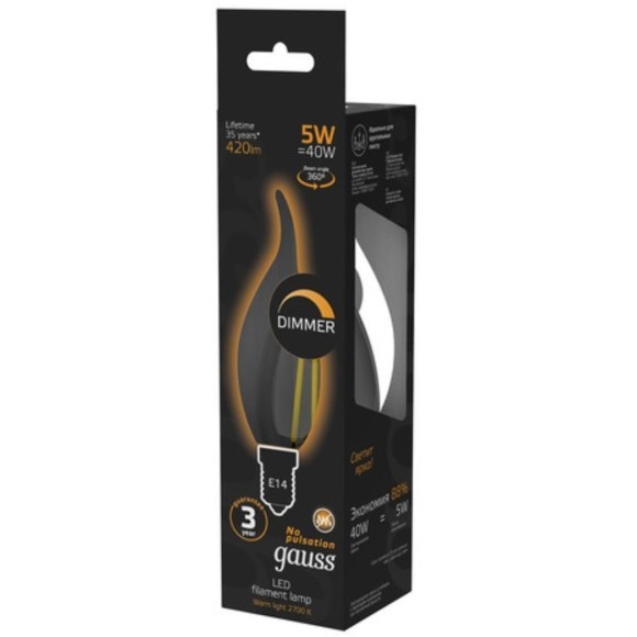104801105-D Лампа Gauss Filament Свеча на ветру 5W 420lm 2700К Е14 диммируемая LED 1/10/50