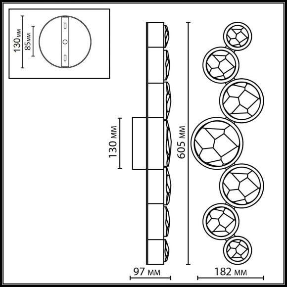 Odeon Light SPILLA 7174/15WLA Настенный современный дизайнерский LED бра с хрустальными плафонами, 15Вт, 1150Лм, CCT перекл. через выключатель 3000/3500/4000К, CRI90, 220В, IP20, черный полированный металл и хрусталь, длина 605 мм, ширина 182 мм, глубина 