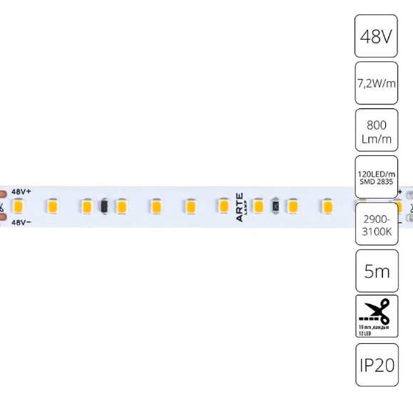 A4812010-01-3K Светодиодная лента 48В 7.2Вт/м 800Лм/м 3000К CRI 90+ 10мм SMD2835 120шт/м 5м IP20