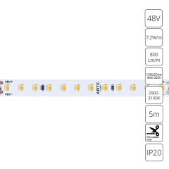 A4812010-01-3K Светодиодная лента 48В 7.2Вт/м 800Лм/м 3000К CRI 90+ 10мм SMD2835 120шт/м 5м IP20 A4812010-01-3K Светодиодная лента 48В 7.2Вт/м 800Лм/м 3000К CRI 90+ 10мм SMD2835 120шт/м 5м IP20