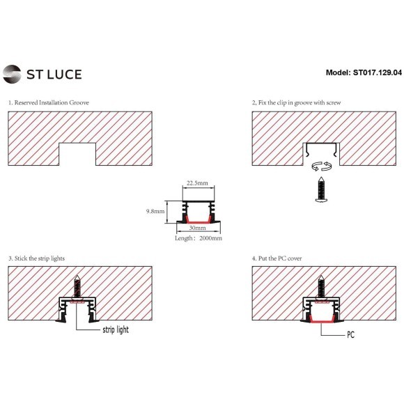 ST017.129.04 Встраиваемый алюминиевый анодированный профиль с рассеивателем (к-т: 2 загл.+ 4 креп. скобы) 
