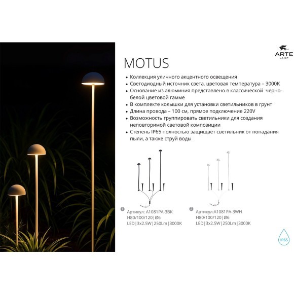 Грунтовый светильник Arte Lamp MOTUS A1081PA-3WH Грунтовый светильник Arte Lamp MOTUS A1081PA-3WH