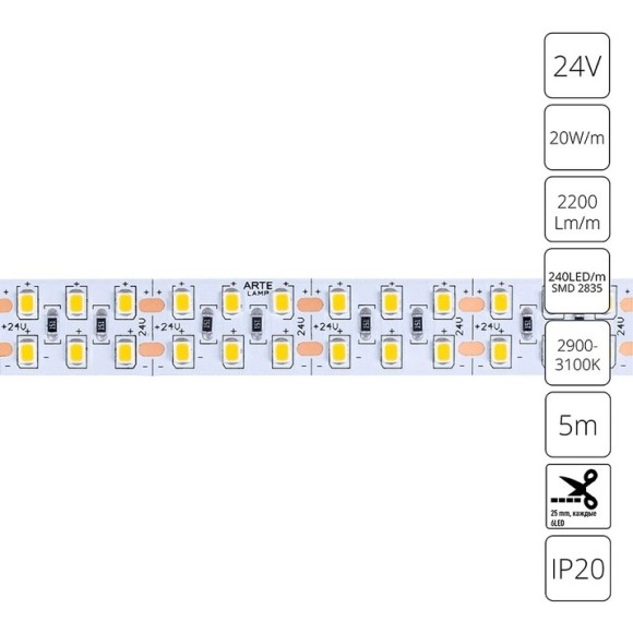A2424015-01-3K Светодиодная лента 24В 20Вт/м 2200Лм/м 3000К CRI 90+ 15мм SMD2835 240шт/м 5м IP20