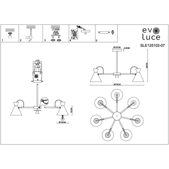 SLE125102-07 Светильник потолочный Белый, Золотистый/Белый, Светлое дерево E14 7*40W MODICA