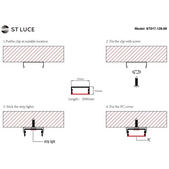 ST017.129.08 Накладной алюминиевый анодированный профиль с рассеивателем (к-т: 2 загл. + 4 креп. скобы) 