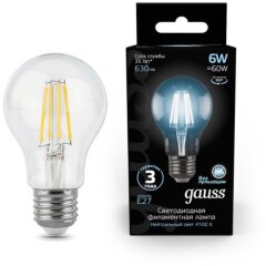102802206 Лампа Gauss LED Filament A60 E27 6W 630lm 4100К 1/10/40 102802206 Лампа Gauss LED Filament A60 E27 6W 630lm 4100К 1/10/40