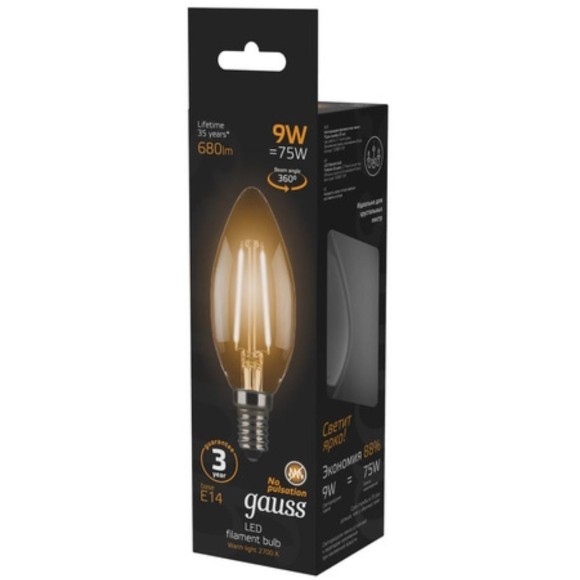 103801109 Лампа Gauss LED Filament Свеча E14 9W 680lm 2700К 1/10/50 103801109 Лампа Gauss LED Filament Свеча E14 9W 680lm 2700К 1/10/50
