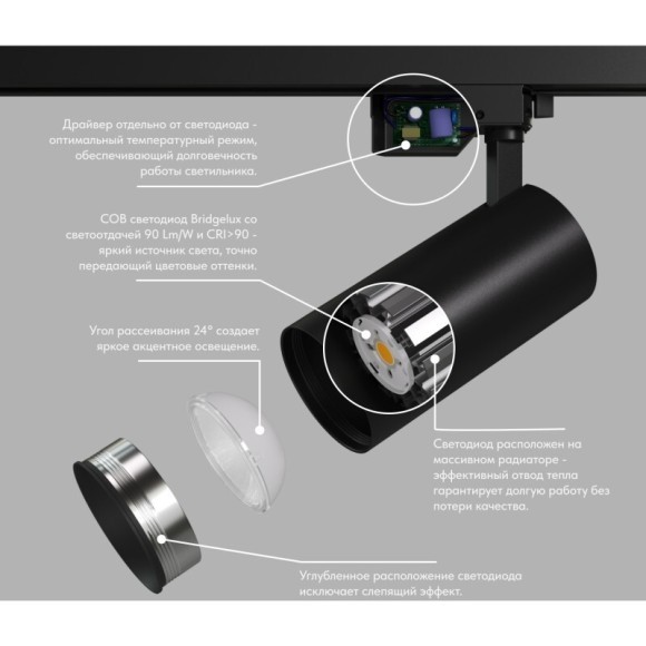 Однофазный двужильный светодиодный трековый светильник Denkirs DK6454-BK SOLID KOPER 4000К 2160Лм CRI90+ 24° 24Вт