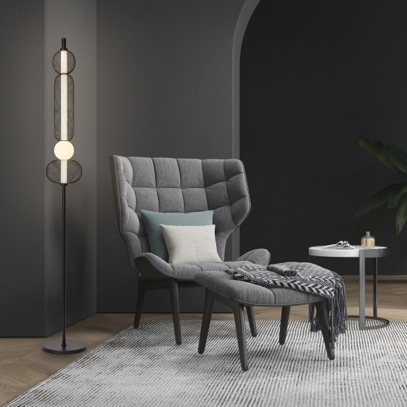 Freya Punsh FR6196FL-L11B Дизайнерский черный LED-торшер в стиле лофт с сетчатыми плафонами, черный металл, плафон белый акрил, 11 Вт, 3000К, CRI 80, 700 лм, 120°, выключатель напольный на проводе в розетку
