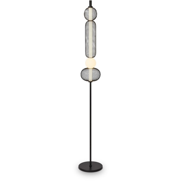 Freya Punsh FR6196FL-L11B Дизайнерский черный LED-торшер в стиле лофт с сетчатыми плафонами, черный металл, плафон белый акрил, 11 Вт, 3000К, CRI 80, 700 лм, 120°, выключатель напольный на проводе в розетку