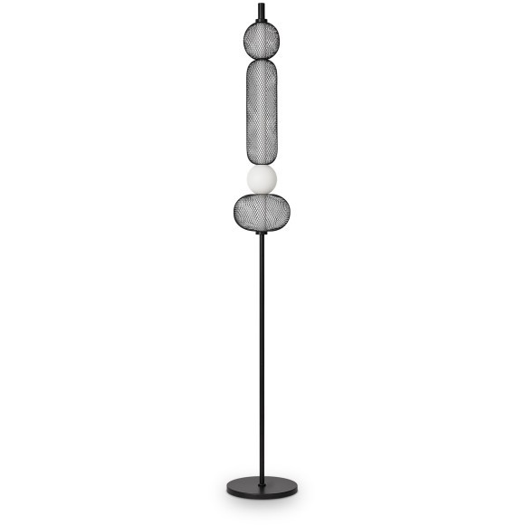 Freya Punsh FR6196FL-L11B Дизайнерский черный LED-торшер в стиле лофт с сетчатыми плафонами, черный металл, плафон белый акрил, 11 Вт, 3000К, CRI 80, 700 лм, 120°, выключатель напольный на проводе в розетку