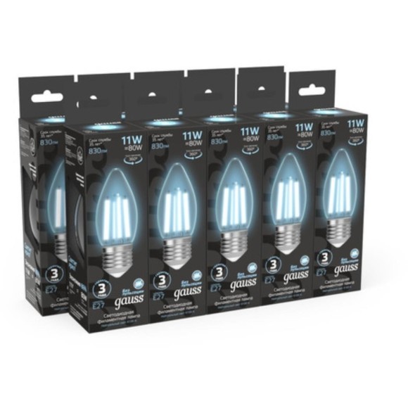 103802211 Лампа Gauss Filament Свеча 11W 830lm 4100К Е27 LED 1/10/50