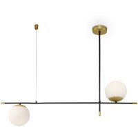 Maytoni Nostalgia MOD048PL-02G Современный подвесной линейный светильник длиной 95 см, высота 85 см, основание металл черный/золото, плафоны стекло белое матовое, диаметр 15 см, лампы E14 2x40W IP20 220В