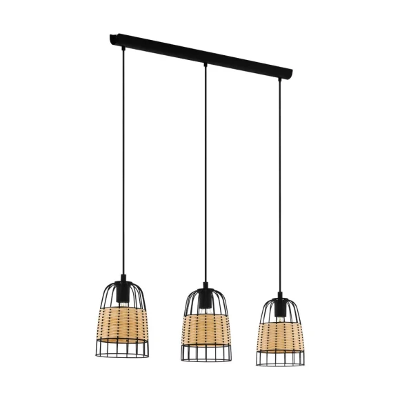 Подвесной светильник EGLO ANWICK 43313 на 3 лампы E27, макс. 40Вт, черная стальная арматура, плафоны из натурального ротанга, 880 × 180 мм, высота 1100 мм