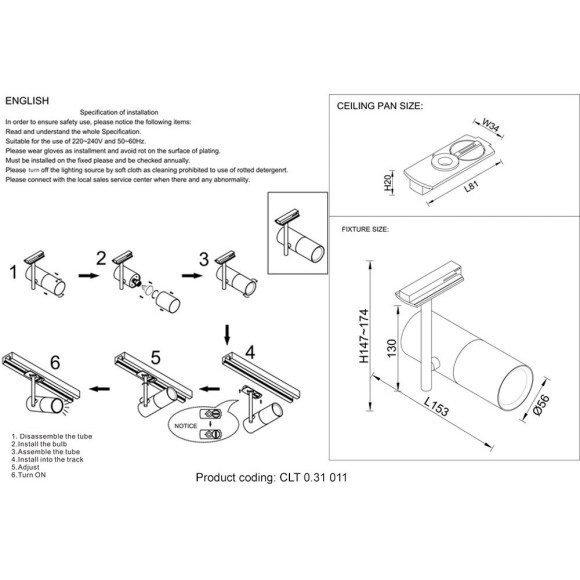 Однофазный двужильный трековый светильник Crystallux CLT 0.31 011 BL под сменную лампу GU10 Однофазный двужильный трековый светильник Crystallux CLT 0.31 011 BL под сменную лампу GU10