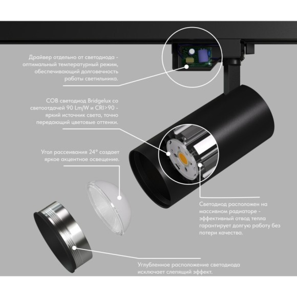 Однофазный двужильный светодиодный трековый светильник Denkirs DK6456-BK SOLID KOPER 4000К 2700Лм CRI90+ 24° 30Вт