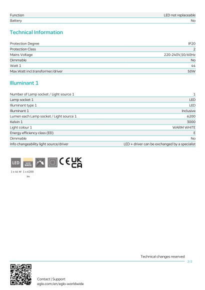 Подвесной светильник EGLO 39893, встроенный LED 44Вт, 3000К, 6200Лм, диаметр 580 мм, высота 1200 мм, IP20