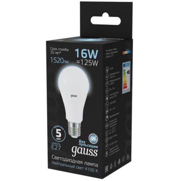 102502216 Лампа Gauss LED A60 16W E27 1470lm 4100K 1/10/50