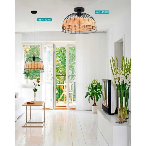 43398 Потол. светильник ANWICK, 1x60W(E27), ?380, H265, сталь, черный/ротанг, натуральный 43398 Потол. светильник ANWICK, 1x60W(E27), ?380, H265, сталь, черный/ротанг, натуральный