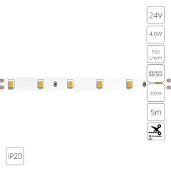 Светодиодная лента 24В 4,8Вт/м 550Лм/м 3000К CRI 90+ 8мм SMD2835 IP20 5м Arte Lamp  Arte Lamp TAPE A2406008-01-3K