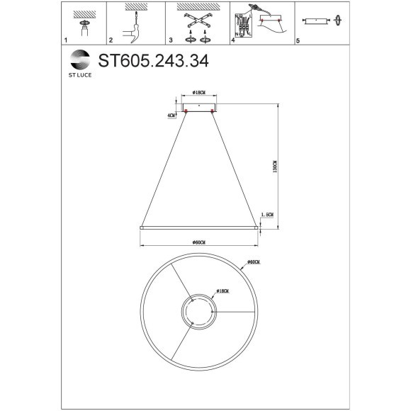 ST605.243.34 ST Luce Светильник подвесной, LED, 4000K 1х34W, золотистый/белый ST605.243.34 ST Luce Светильник подвесной, LED, 4000K 1х34W, золотистый/белый
