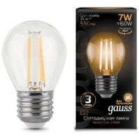 105802107 Лампа Gauss LED Filament Шар E27 7W 550lm 2700K 1/10/50