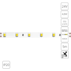 Светодиодная лента 24В 4,8Вт/м 550Лм/м 4000К CRI 90+ 8мм SMD2835 IP20 5м Arte Lamp TAPE A2406008-02-4K
