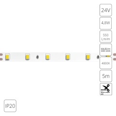 Светодиодная лента 24В 4,8Вт/м 550Лм/м 4000К CRI 90+ 8мм SMD2835 IP20 5м Arte Lamp TAPE A2406008-02-4K