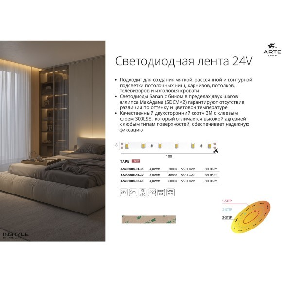Светодиодная лента 24В 4,8Вт/м 550Лм/м 4000К CRI 90+ 8мм SMD2835 IP20 5м Arte Lamp TAPE A2406008-02-4K