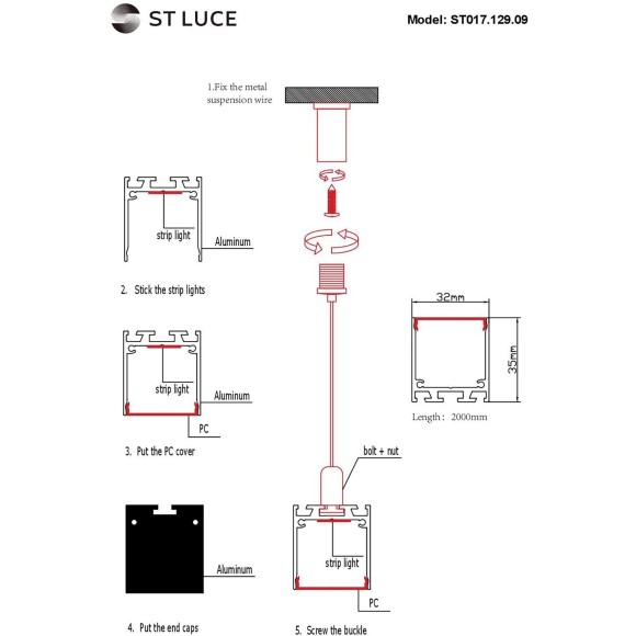 ST017.129.09 Накладной алюминиевый анодированный профиль с рассеивателем (к-т: 2 загл) отдельно комплект подвесов ST017.029.09