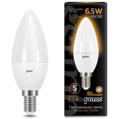 103101107 Лампа Gauss LED Свеча E14 6.5W 520lm 3000К 1/10/100 103101107 Лампа Gauss LED Свеча E14 6.5W 520lm 3000К 1/10/100