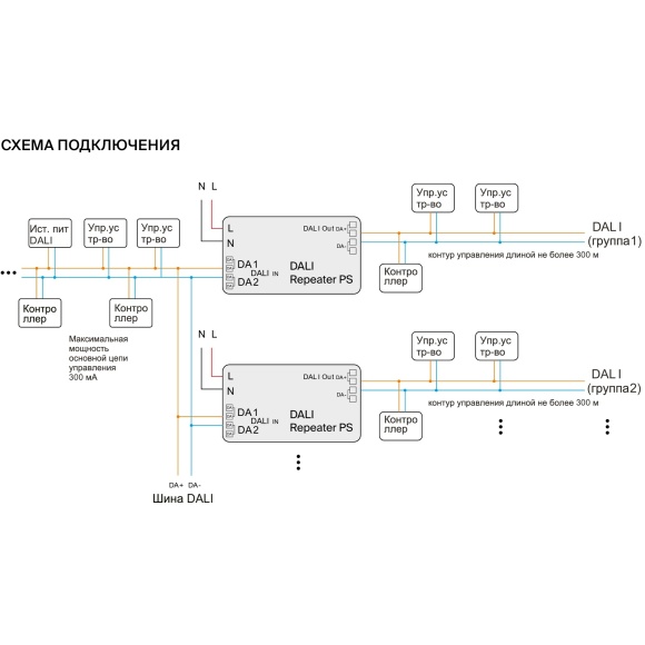 Maytoni RP07-DALI-DT6 721014 Усилитель сигнала DALI Repeater PS DT6 со встроенными источником питания, увеличивает макс. длину прохождения DALI сигнала с 300м до 600м, 100-240В, IP20