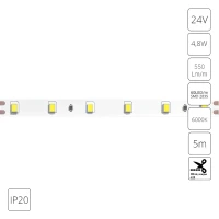 Светодиодная лента 24В 4,8Вт/м 550Лм/м 6000К CRI 90+ 8мм SMD2835 IP20 5м Arte Lamp TAPE A2406008-03-6K