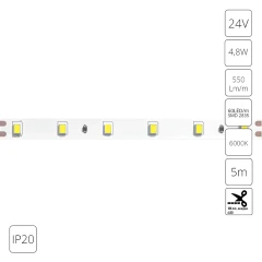 Светодиодная лента 24В 4,8Вт/м 550Лм/м 6000К CRI 90+ 8мм SMD2835 IP20 5м Arte Lamp TAPE A2406008-03-6K