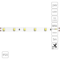 Светодиодная лента 24В 4,8Вт/м 550Лм/м 6000К CRI 90+ 8мм SMD2835 IP20 5м Arte Lamp TAPE A2406008-03-6K
