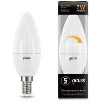 103101107-D Лампа Gauss Свеча 7W 560lm 3000К Е14 диммируемая LED 1/10/100