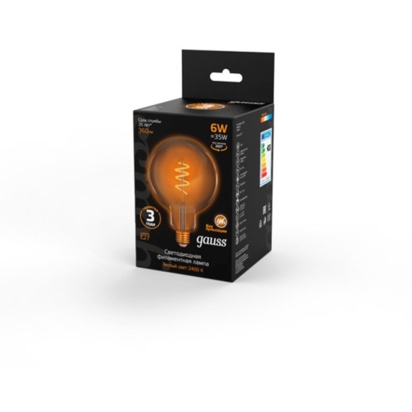 158802008 Лампа Gauss Filament G125 6W 360lm 2400К Е27 golden flexible LED 1/20