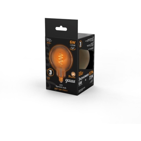 158802008 Лампа Gauss Filament G125 6W 360lm 2400К Е27 golden flexible LED 1/20