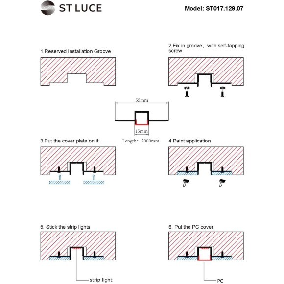ST017.129.07 Встраиваемый в гипсокартон алюминиевый анодированный профиль с рассеивателем (к-т: 2 загл.) 
