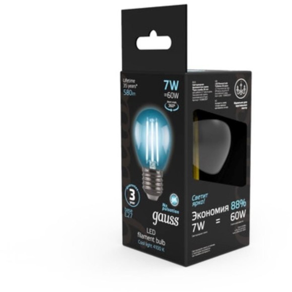 105802207 Лампа Gauss LED Filament Шар E27 7W 580lm 4100K 1/10/50 105802207 Лампа Gauss LED Filament Шар E27 7W 580lm 4100K 1/10/50
