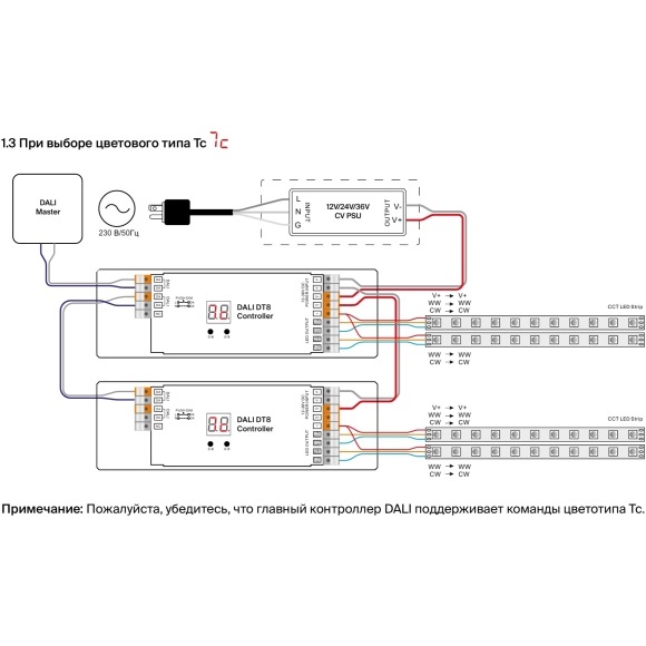 Maytoni CV06-DALI-DT8-4CH-PUSH-DIM 721016 4-х канальный контроллер DALI DT8, 4 в 1, работа с любыми (кроме SPI) типами лент, RGBW/MIX/CCT, вход. и выход. напряжение 12-36VDC, диап. диммирования 0.1%-100%