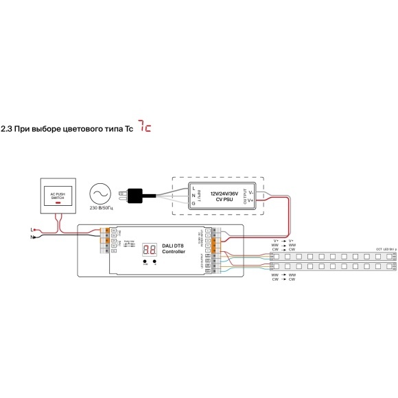 Maytoni CV06-DALI-DT8-4CH-PUSH-DIM 721016 4-х канальный контроллер DALI DT8, 4 в 1, работа с любыми (кроме SPI) типами лент, RGBW/MIX/CCT, вход. и выход. напряжение 12-36VDC, диап. диммирования 0.1%-100%