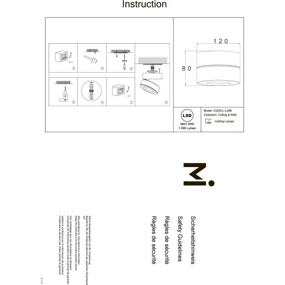 Потолочный светильник Maytoni Treviso 3000K Ra80 1300Lm IP20 20W 220V Technical C023CL-L20B