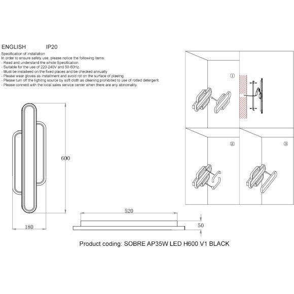 Бра Crystal Lux SOBRE AP35W LED H600 V1 BLACK
