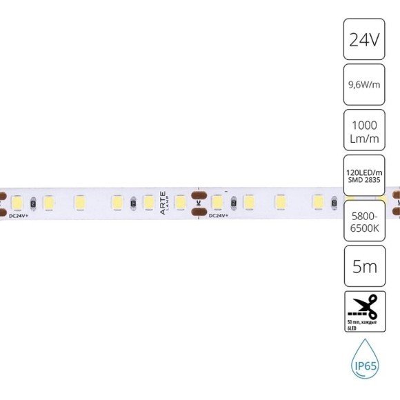 A2412008-06-6K Светодиодная лента 24В 9,6Вт/м 1000Лм/м 6000К CRI 90+ 8мм SMD2835 120шт/м 5м IP65